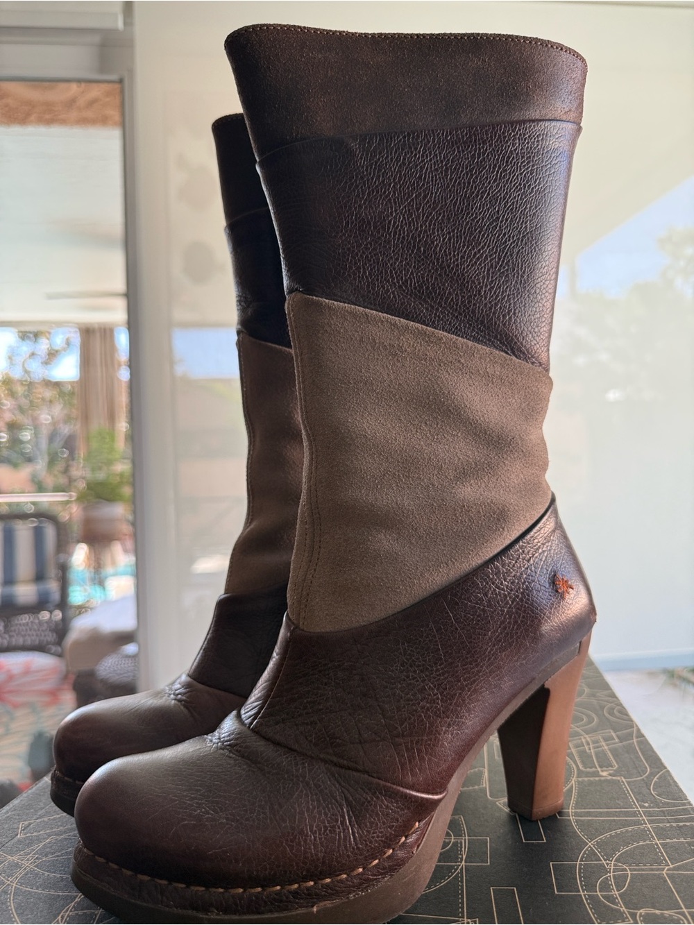 Women's Two-Tone Brown Leather & Suede Mid-Calf Heeled Boots